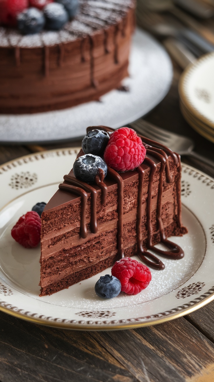 A slice of decadent flourless chocolate cake with ganache on a rustic table.